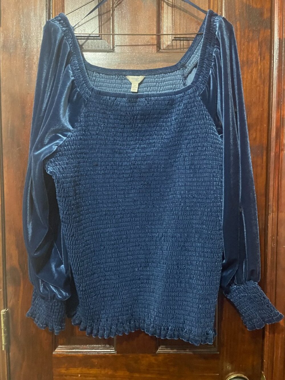 Anthropologie Ett Blue Velvet Smocked Square Neck Puff Sleeve Top